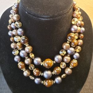 Vintage Vendome Brown Topaz and Grey Tone with Crystals Three-Strand Necklace